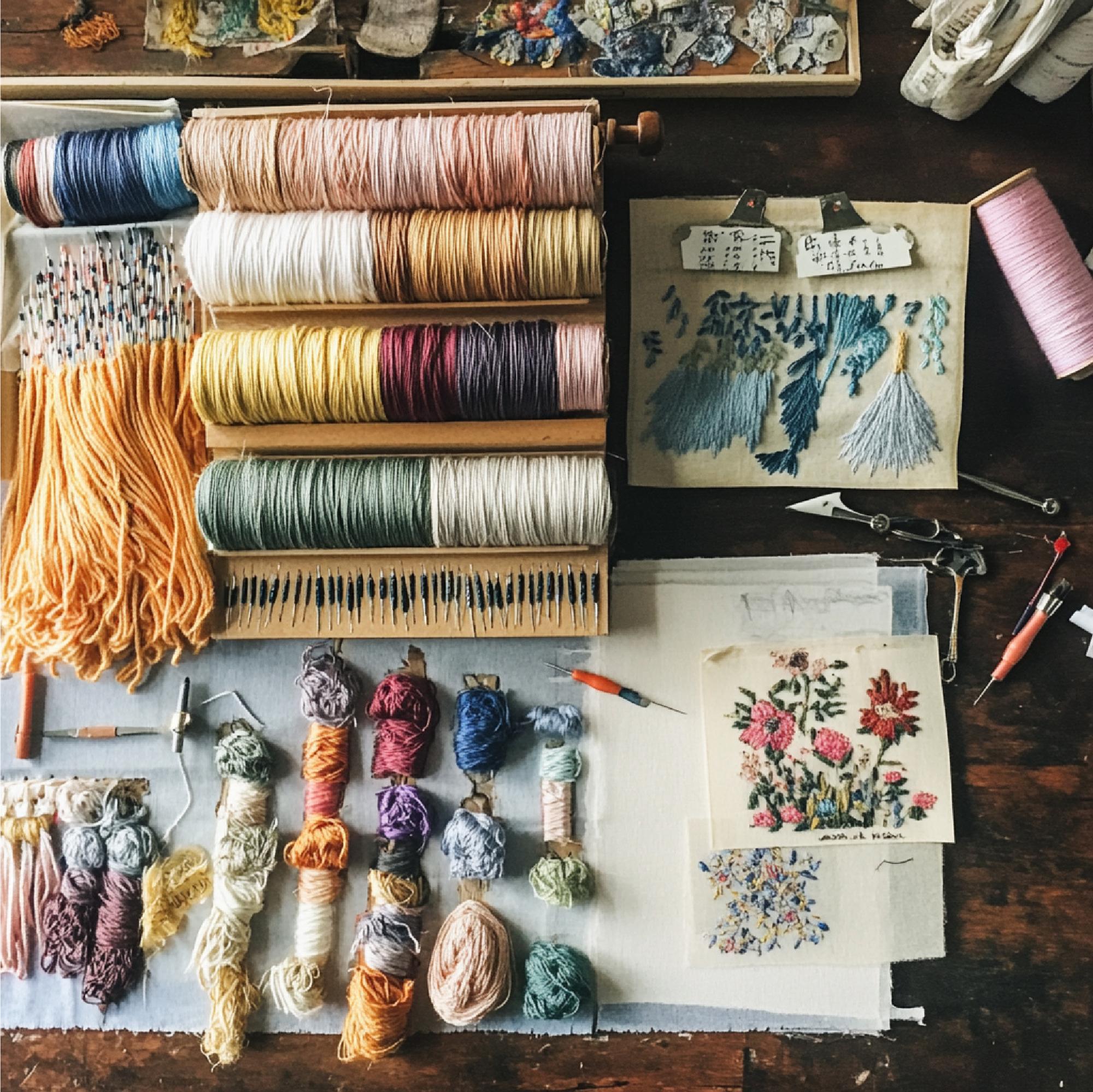 Rolls of embroidered textiles and thread spools on a workbench